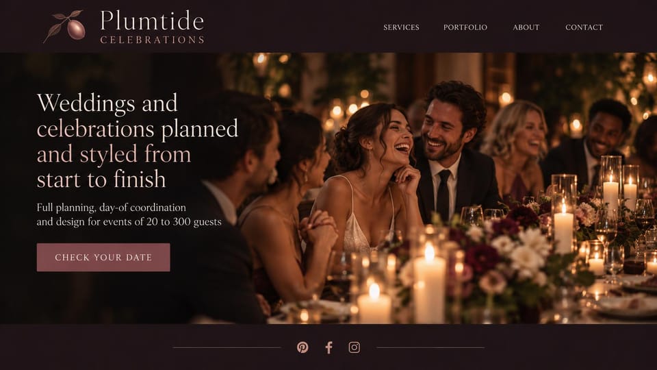 Event planner website design, planner and stylist with a candlelit dinner in plum: dark plum page, a large blush serif headline, a mauve date button and guests laughing at a candlelit dinner