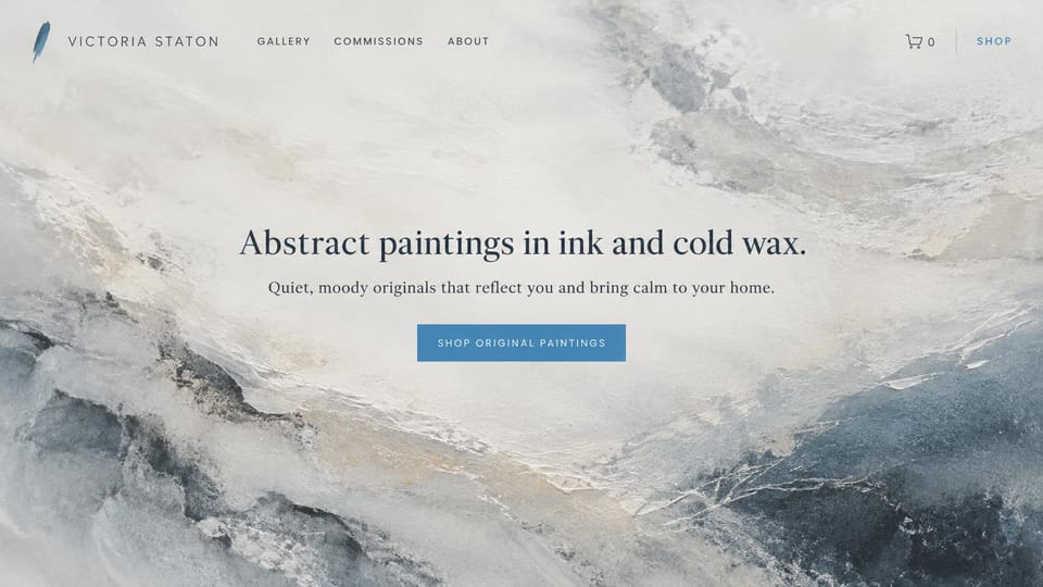 Artist website design, abstract originals, quiet and full-bleed: a full-screen pale gray and blue abstract painting behind a centered serif headline and a blue button