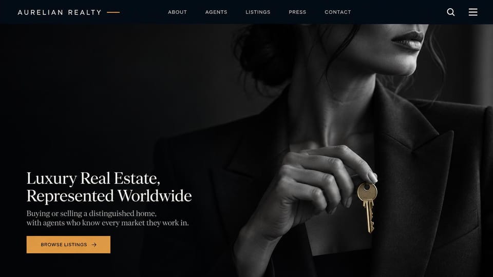 Real estate website design, international luxury brokerage in black and white: black and white photo of a woman holding a brass key, a white serif headline and a gold button