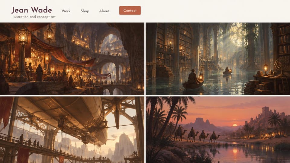Graphic design portfolio website design, concept art in four big frames: cream header with a terracotta contact button, a two by two grid of warm painted fantasy scenes: a market hall, a library, an airship, a desert city