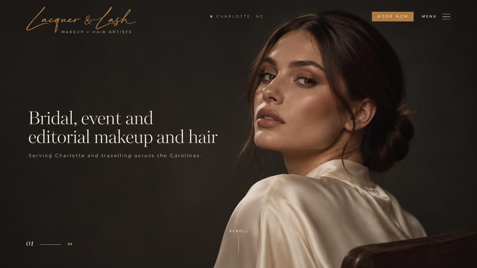 Makeup artist website design, editorial and bridal artists in near-black: near-black page, a gold script logo, a moody portrait of a woman in an ivory robe, a cream serif headline