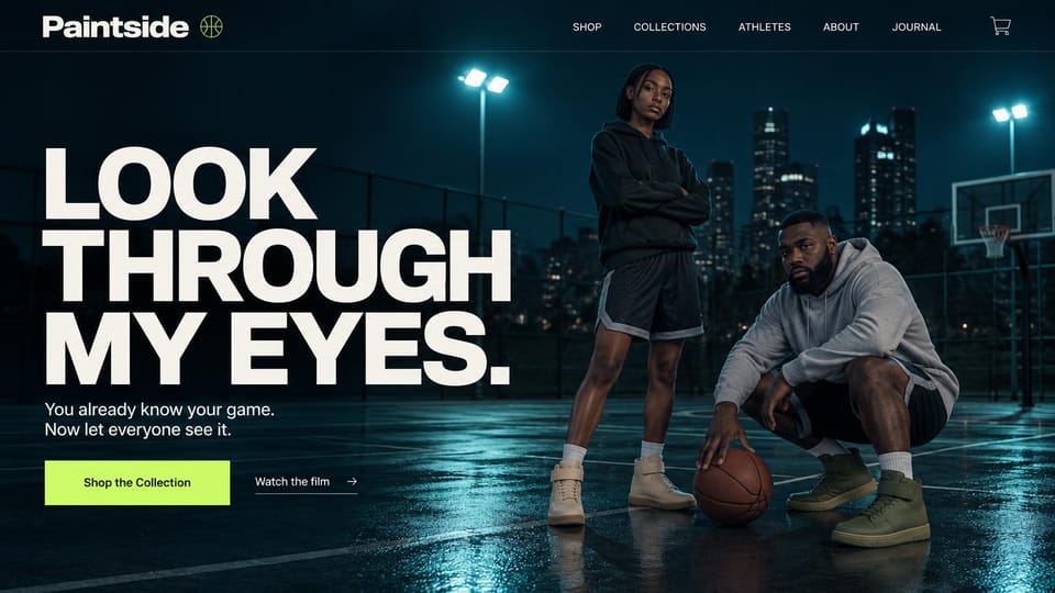Fashion website design, basketball streetwear on a rain-slick night court: dark night photo, a young woman in a black hoodie and a man in a gray hoodie with a basketball on a wet court under floodlights with city towers behind, a huge white condensed headline and a lime button