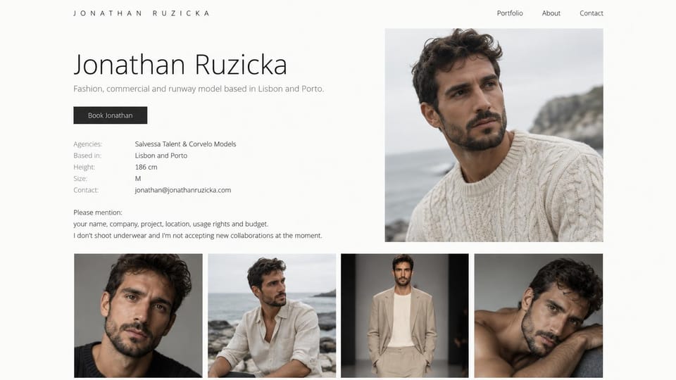 Model portfolio website design, male model with agencies and booking terms up front: white page, a large light sans name, a dark booking button, a bearded man in a cable-knit sweater by the sea and four more photos
