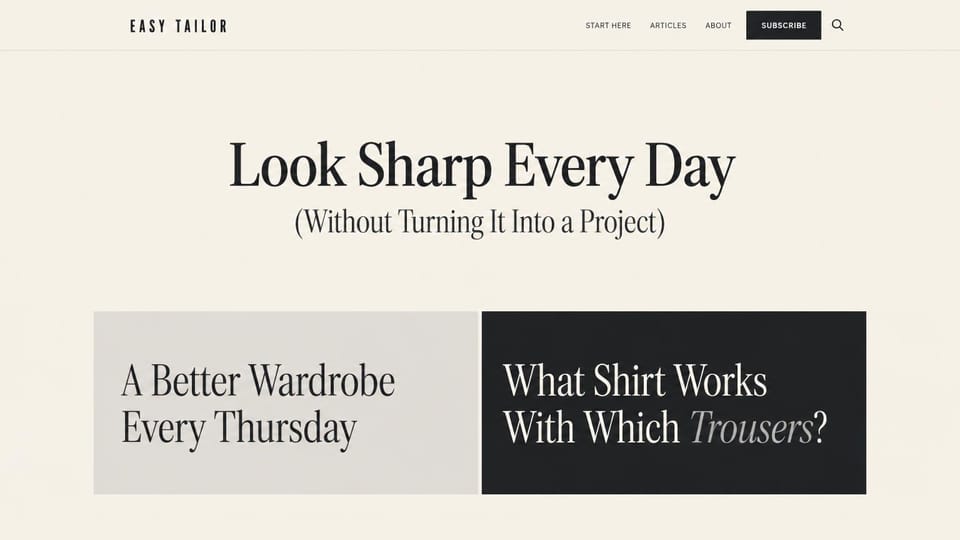 Blog website design, style advice blog with no photos: ivory, charcoal and gray, a centered serif headline and two large type panels, one dark