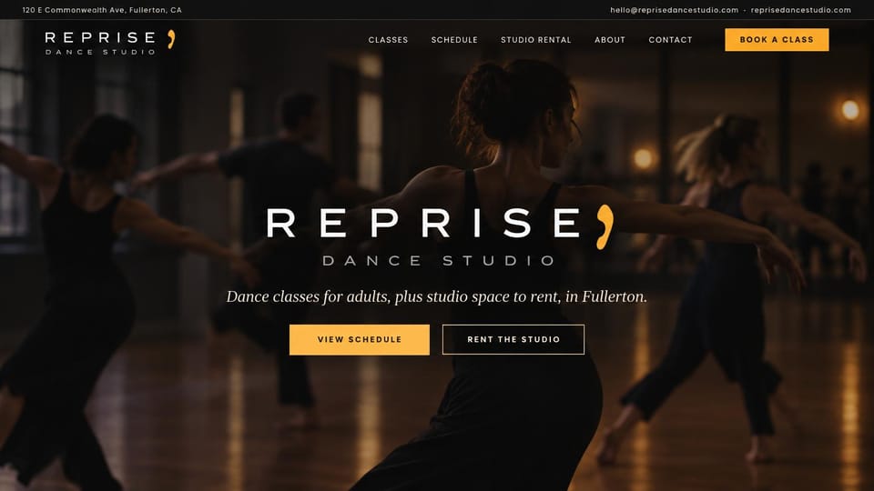 Dance studio website design, adult classes and studio rental in amber light: dark amber photo of adults dancing, a widely spaced white wordmark with a yellow accent, a yellow button and an outlined button