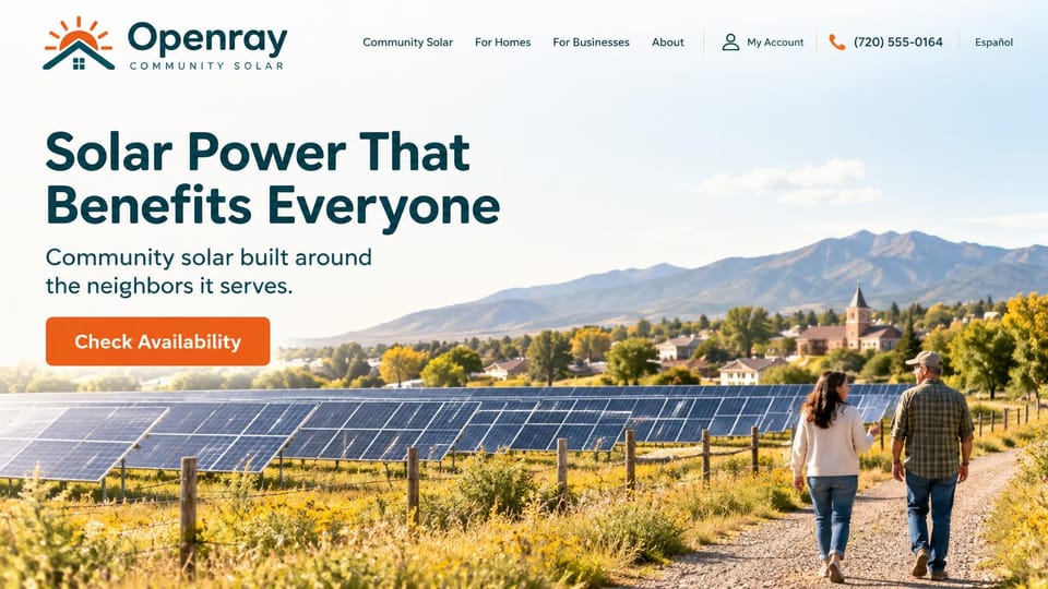 Solar website design, community solar with neighbors on a country path: bright sky over a solar field and a small mountain town, a dark teal headline, an orange availability button, two people walking a path