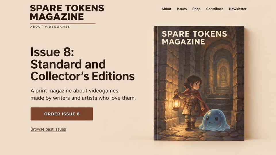 News and magazine website design, video game print magazine with an illustrated cover: beige page, dark brown bold capitals wordmark, brown order button, a painted cover of a child with a lantern and a friendly blue slime in a stone dungeon
