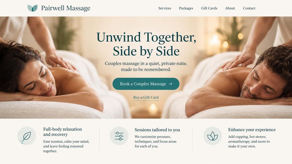 Massage therapist website design, couples massage side by side: cream page, a wide photo of a couple on side-by-side tables, a centered teal serif headline and a teal button, three icon columns below