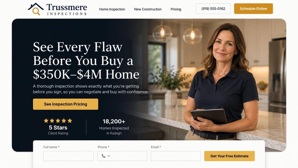 Home inspector website design, inspector in the kitchen with an estimate form: white page with a dark rounded hero, white serif headline, a gold pricing button, a woman inspector with a tablet in a kitchen, a white estimate form