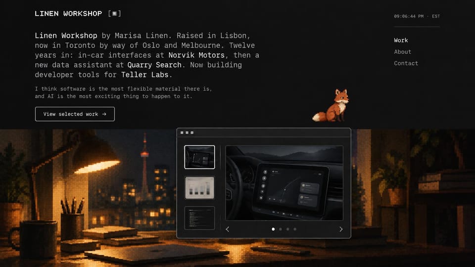 Portfolio website design, interface designer with a written intro: dark page with warm amber, monospace intro text, a lamplit desk over a night city and a project slider