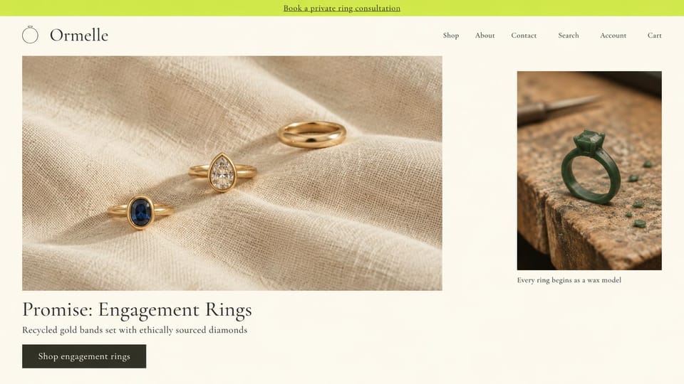 Jewelry website design, engagement rings with the workshop in view: ivory page under a lime consultation bar, gold engagement rings on linen beside a green wax ring model on a workbench, a dark serif headline