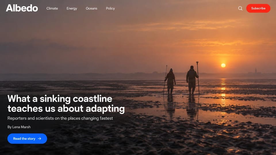 News and magazine website design, climate magazine over a full-screen sunset photo: full-screen photo of two people with survey poles crossing mudflats at sunset, white sans wordmark and menu, red subscribe button, bold white headline and blue read button lower left
