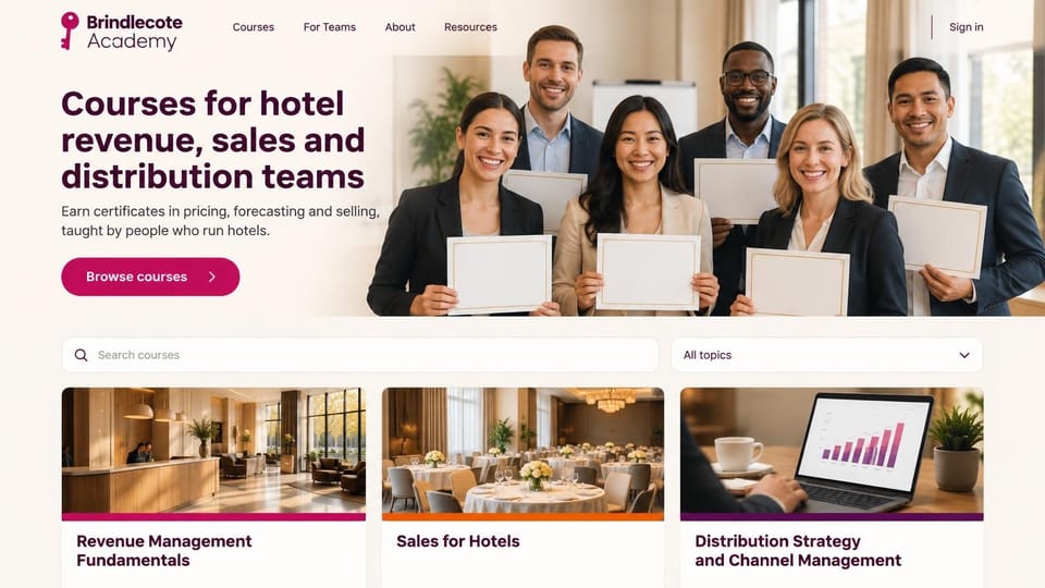 School website design, hotel industry training academy with course cards: warm cream page with a key logo, a plum headline, smiling staff in suits holding blank certificates, a magenta pill button, a search bar and three photo course cards with colored stripes