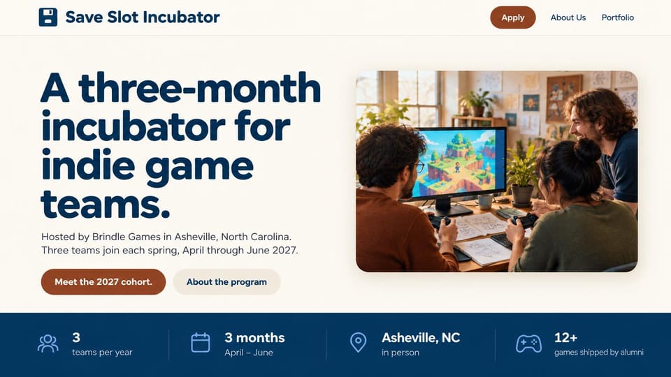 Gaming website design, indie game incubator with program facts: cream page, heavy navy headline, rust buttons, a photo of three developers playtesting at a desk, a navy facts bar with icons along the bottom