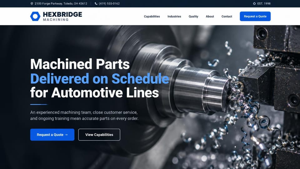Manufacturing website design, automotive machining with a cutting close-up: dark top bar, a white header with a blue hexagon logo, a close-up of a lathe cutting a steel part in a spray of chips, a white and blue headline, blue and outlined buttons