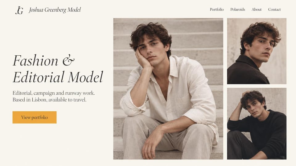 Model portfolio website design, male fashion model with three looks on stone steps: ivory page, a large italic serif headline and a golden orange button beside three photos of a curly-haired young man on stone steps in linen and dark knits
