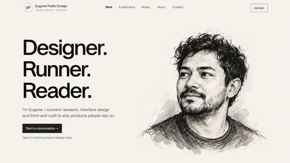 Resume website design, product designer with an ink sketch portrait, open to roles: warm off-white page, a huge black three-line headline, a black start a conversation button and an ink and wash sketch of a man with curly hair