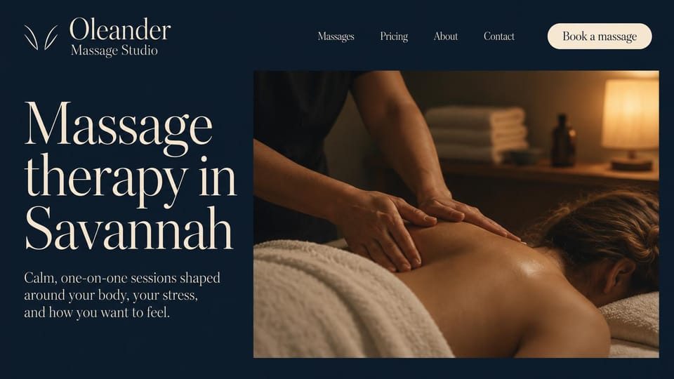 Massage therapist website design, one-on-one massage in navy with giant type: dark navy page, an oversized cream serif headline beside a framed warm photo of a back massage, a cream pill button