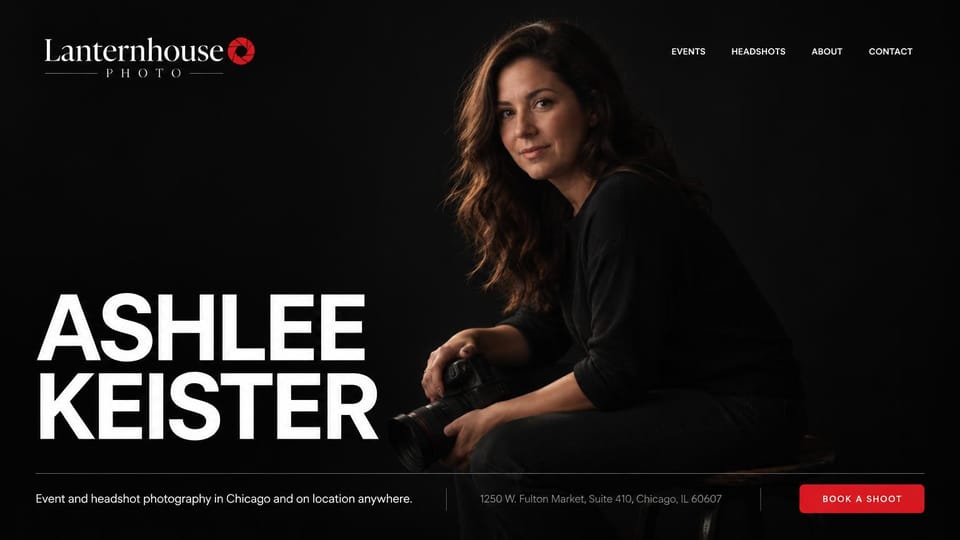 Photography website design, headshots and events with your name up front: black page, a seated photographer holding a camera, an oversized white name and a red book a shoot button