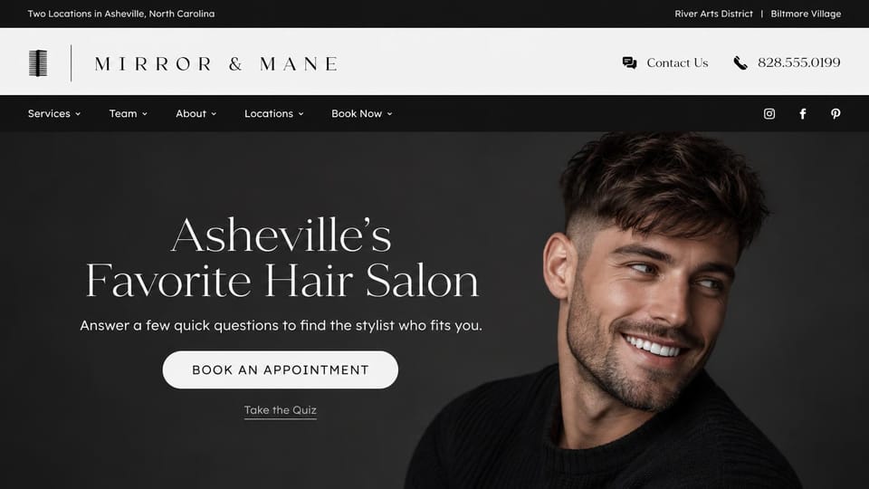 Salon website design, hair salon with a stylist-match quiz: black menu bars, a smiling man with a fresh cut on charcoal, centered serif headline and a white button