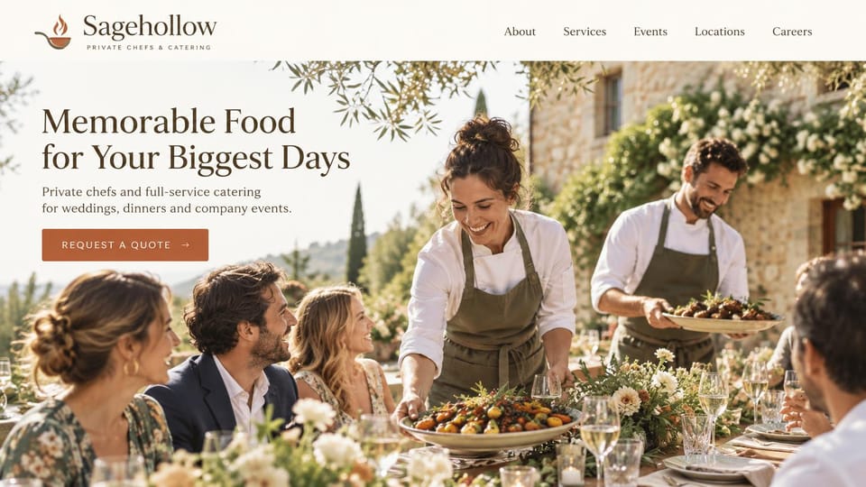 Catering website design, private chefs and catering at a long outdoor lunch: cream header, a sunny photo of two chefs in green aprons serving guests under olive trees, a brown serif headline and a terracotta button