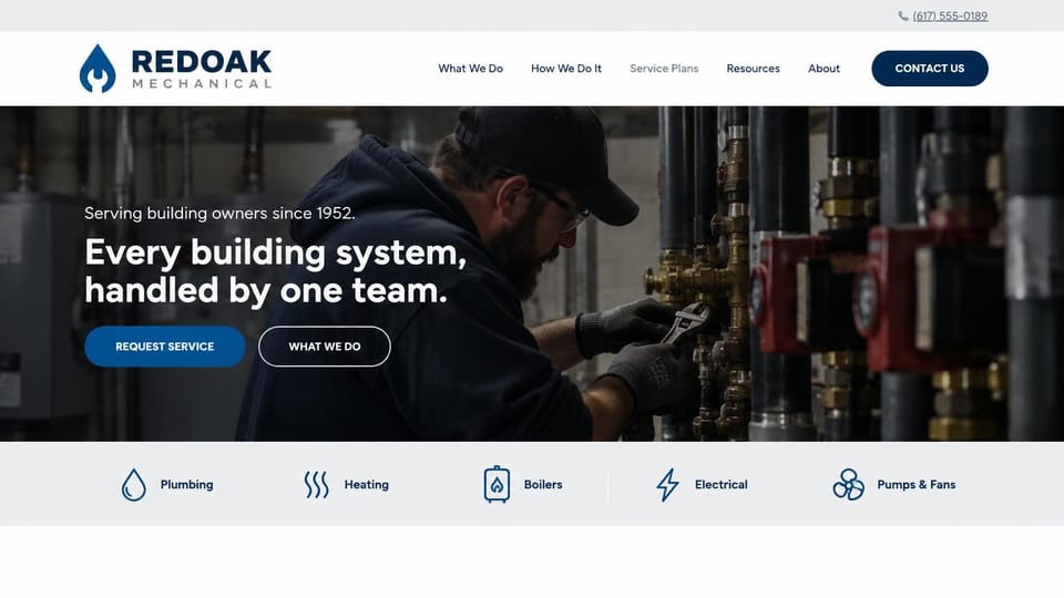 Plumbing website design, commercial plumbing and building systems: white header, a dark photo of a plumber tightening fittings in a mechanical room, a white headline, a blue button and a row of service icons on gray