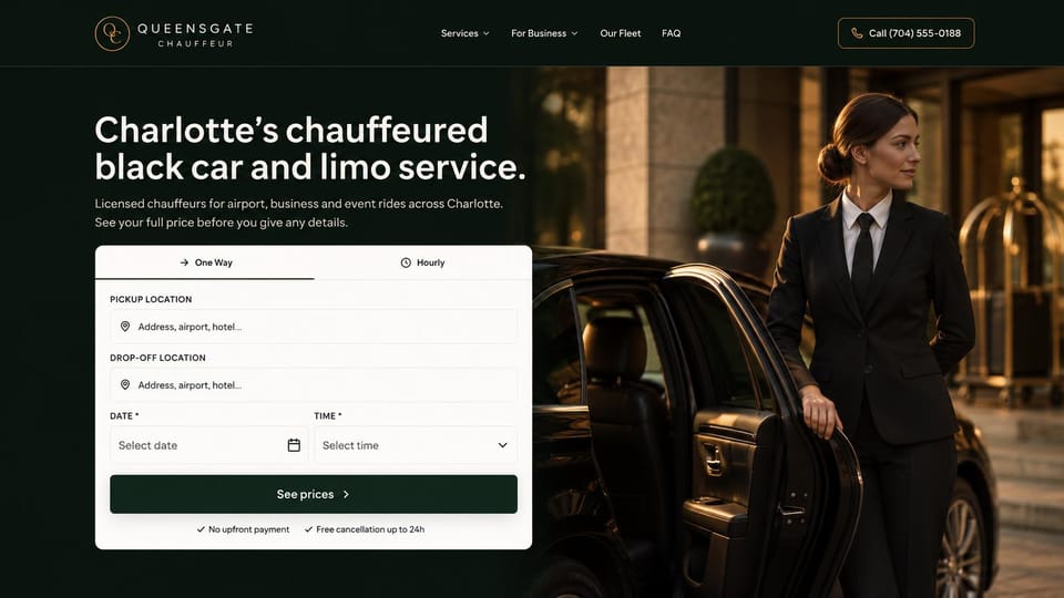 Car rental website design, black car and limo with a woman chauffeur: deep green page, white headline, a white fare form with pickup, drop-off, date and time, a woman chauffeur in a dark suit by hotel doors