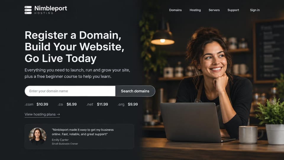 Web hosting website design, domain registration with prices by extension: dark charcoal page, white headline over a photo of a smiling woman at a laptop in a cafe, a domain search bar, extension prices and a testimonial card