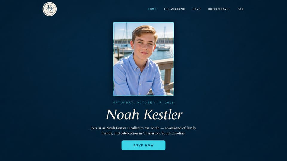 Event website design, bar mitzvah with a framed portrait on navy: deep navy page, framed photo of a smiling boy by a harbor, italic serif name, cyan RSVP button