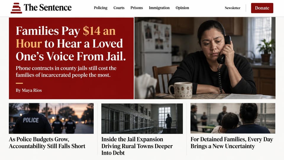 News and magazine website design, criminal justice news with a deep red headline panel: white page, red striped logo, a red donate button, a deep red panel with a white and gold serif headline, a woman on a corded phone in her kitchen, three photo stories below