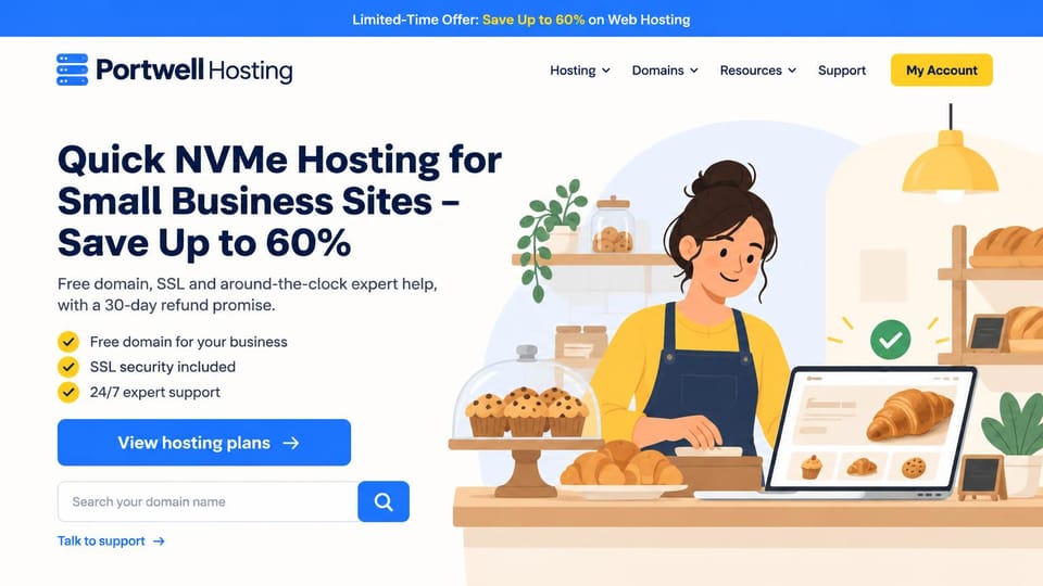 Web hosting website design, small business hosting with an illustrated shop: white page, navy headline, a blue plans button and domain search, an illustration of a baker at a counter with pastries and a laptop