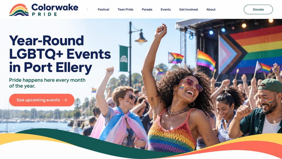 Event website design, year-round Pride organization by the harbor: white header with a rainbow wave logo, navy headline, coral events button, a sunny harbor crowd waving rainbow and progress flags, colored wave along the bottom
