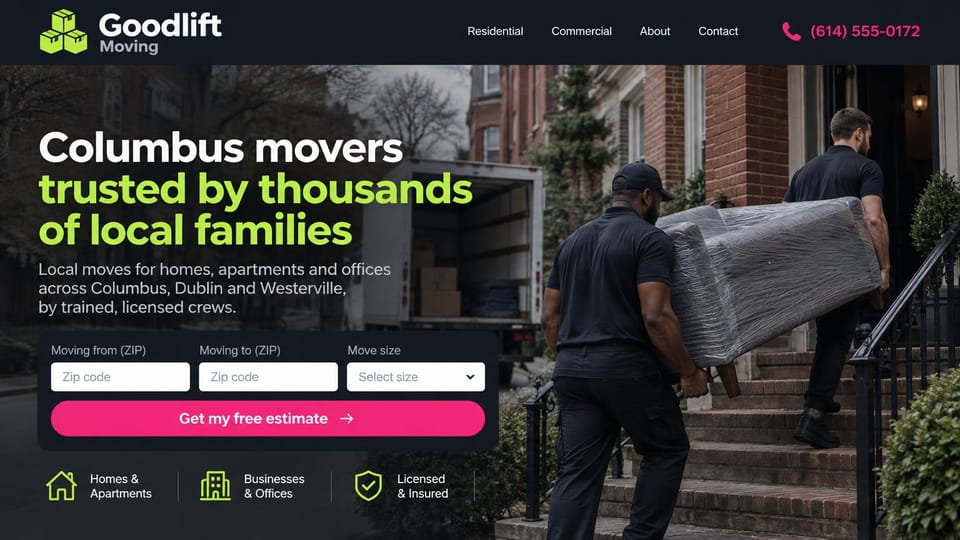 Moving company website design, home and office movers with a hot pink estimate bar: dark photo of two movers in black carrying a plastic-wrapped sofa up brick steps, a white and lime headline, ZIP code and move size fields with a hot pink button