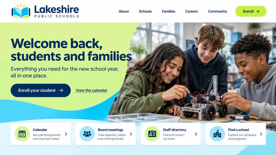 School website design, school district with a back-to-school welcome: lime green and sky blue waves, a navy headline, students building a robot, four white cards with icons