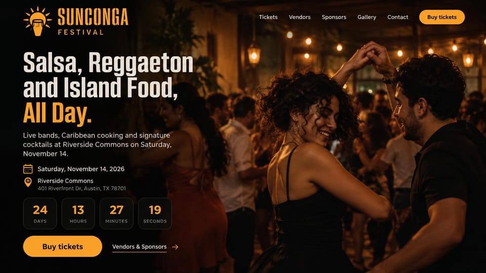 Event website design, salsa and island food festival with a countdown: dark amber night photo of a couple dancing salsa under lanterns, cream and orange condensed headline, countdown boxes, orange ticket button