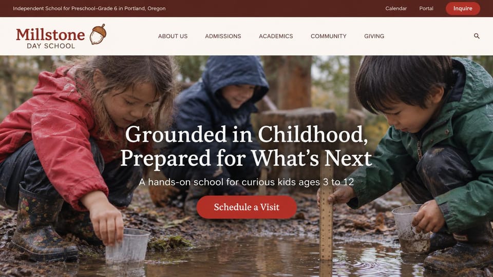 School website design, elementary school that learns outdoors: maroon top bar and cream header, children in rain jackets measuring a stream, a centered serif headline