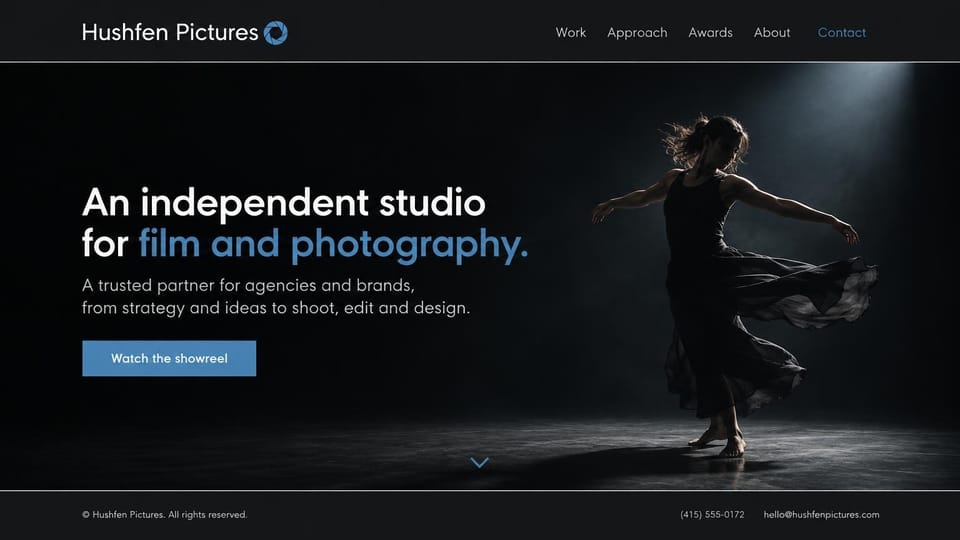 Videographer website design, film and photography studio with a dancer in a spotlight: near-black page, a white headline ending in blue, a blue showreel button, a dancer in a flowing dress turning under a single spotlight, a thin footer with phone and email