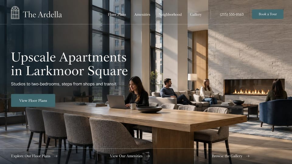 Apartment website design, upscale apartments with residents in the lounge: a tall-windowed resident lounge with a long wood table, a linear fireplace and residents on sofas, white serif headline, teal buttons and a link bar along the bottom