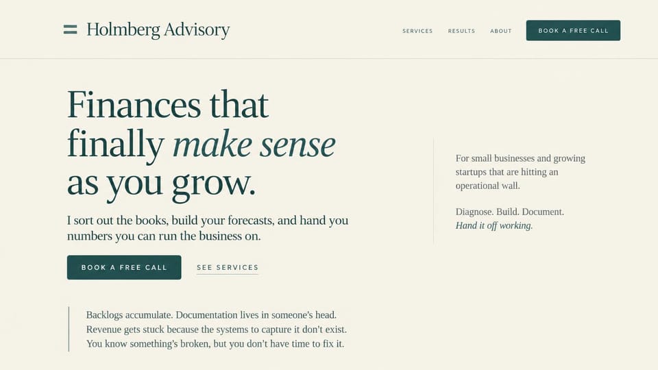 Consulting website design, finance operations advisor, type only: cream page, large dark teal serif headline with an italic phrase, teal call button, a slim side column and an indented paragraph
