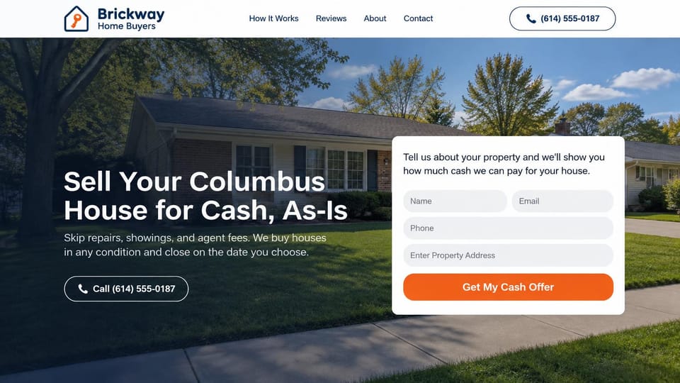 Real estate investor website design, sell-as-is page with a call button and short form: dark-tinted photo of a brick ranch house, a white headline and outlined phone button, a white form card with an orange button