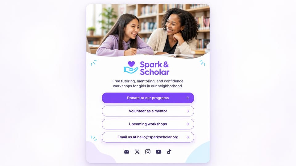 Nonprofit website design, small youth program on a single card: lavender page with one white card, a tutoring photo, purple logo and four stacked buttons