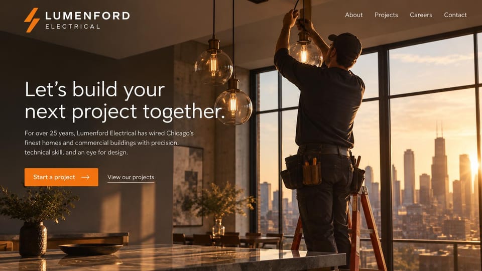 Electrician website design, high-end lighting with a city view at sunset: warm dark room with an electrician on a ladder hanging glass globe pendants by tall windows, a city skyline at sunset, a white headline and an orange button