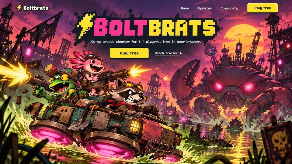 Gaming website design, free browser shooter with a play button: a pink and purple sunset over a swamp, cartoon animal heroes firing from a rusty buggy at a giant robot crab, a pink and yellow pixel logo, yellow play button