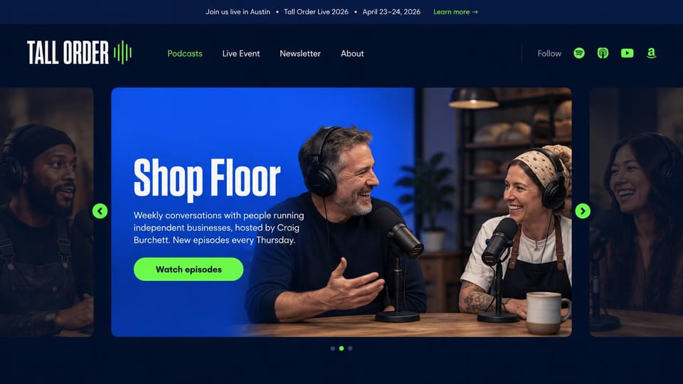 Podcast website design, interview network with a show carousel: dark navy, a bright blue slide with two hosts at microphones and lime green buttons