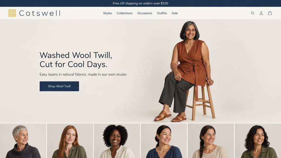 Fashion website design, natural-fabric womenswear with a row of portraits: navy top bar, a cream page with a gold woven logo, a smiling woman in a rust wrap top and gray trousers on a wooden stool, a navy sans headline and button, a row of six portraits of women below