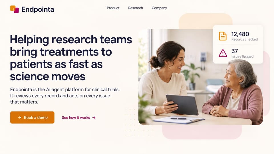 AI startup website design, clinical research AI with a caring photo: warm cream page, a large navy headline, an amber demo button and a photo of a clinician with a tablet talking with an older woman, under two stat cards