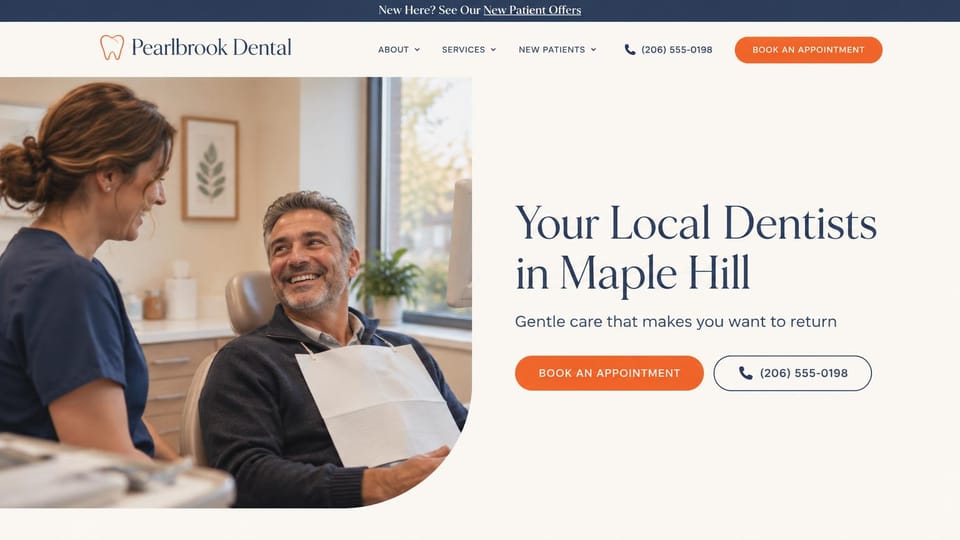 Landing page website design, local dentist with a new patient offer bar: cream page, a curved photo of a dentist laughing with a patient beside a navy serif headline, orange book and outlined call buttons