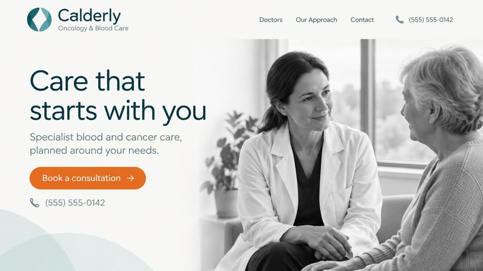 Medical practice website design, oncology with a black and white photo: white page, a dark teal headline and orange consultation button beside a black and white photo of a doctor sitting with an older woman