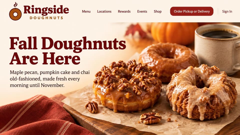 Bakery website design, doughnut shop with a seasonal lineup: cream page, a heavy burgundy serif headline beside maple pecan and glazed doughnuts with coffee, a burgundy order button