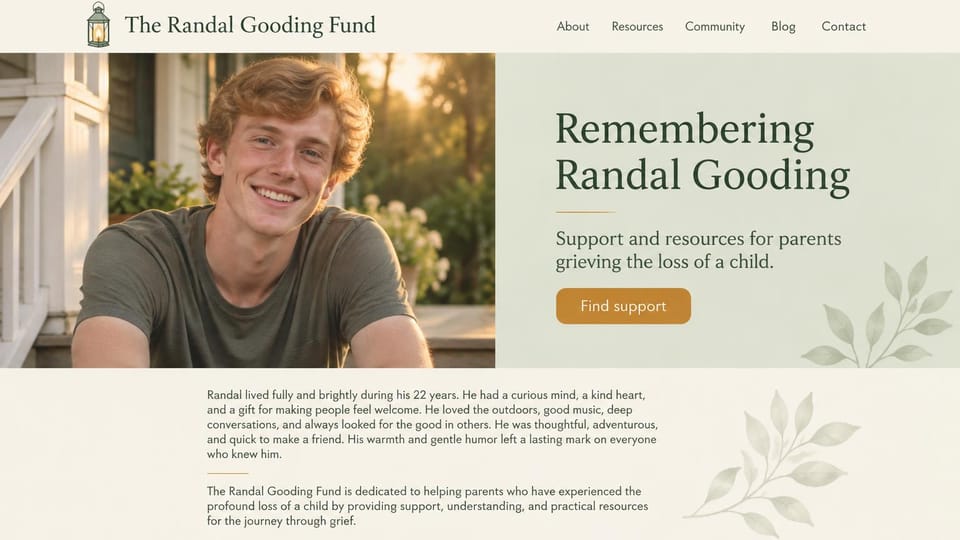 Memorial website design, memorial fund for a son, supporting other parents: sage green panel with a dark green serif name and an amber button beside a photo of a smiling young man with red hair on porch steps, his story on cream below